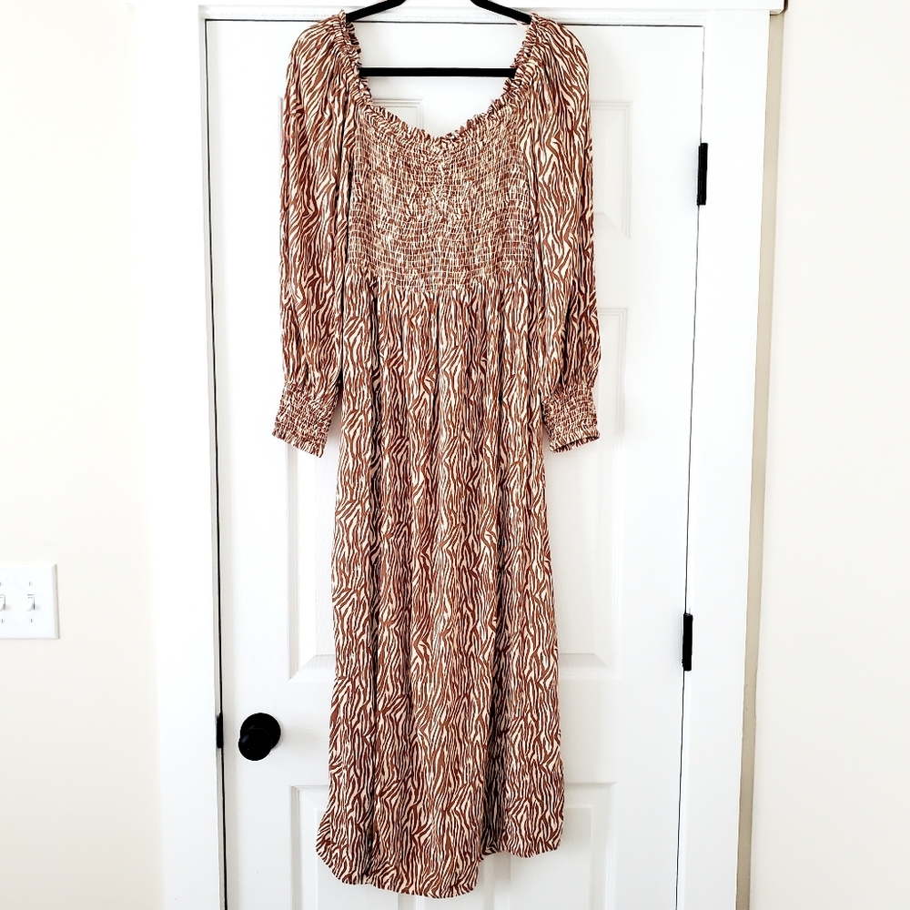 River Island Animal Print Shirred Midi Dress In Brown - Picture 2 of 7